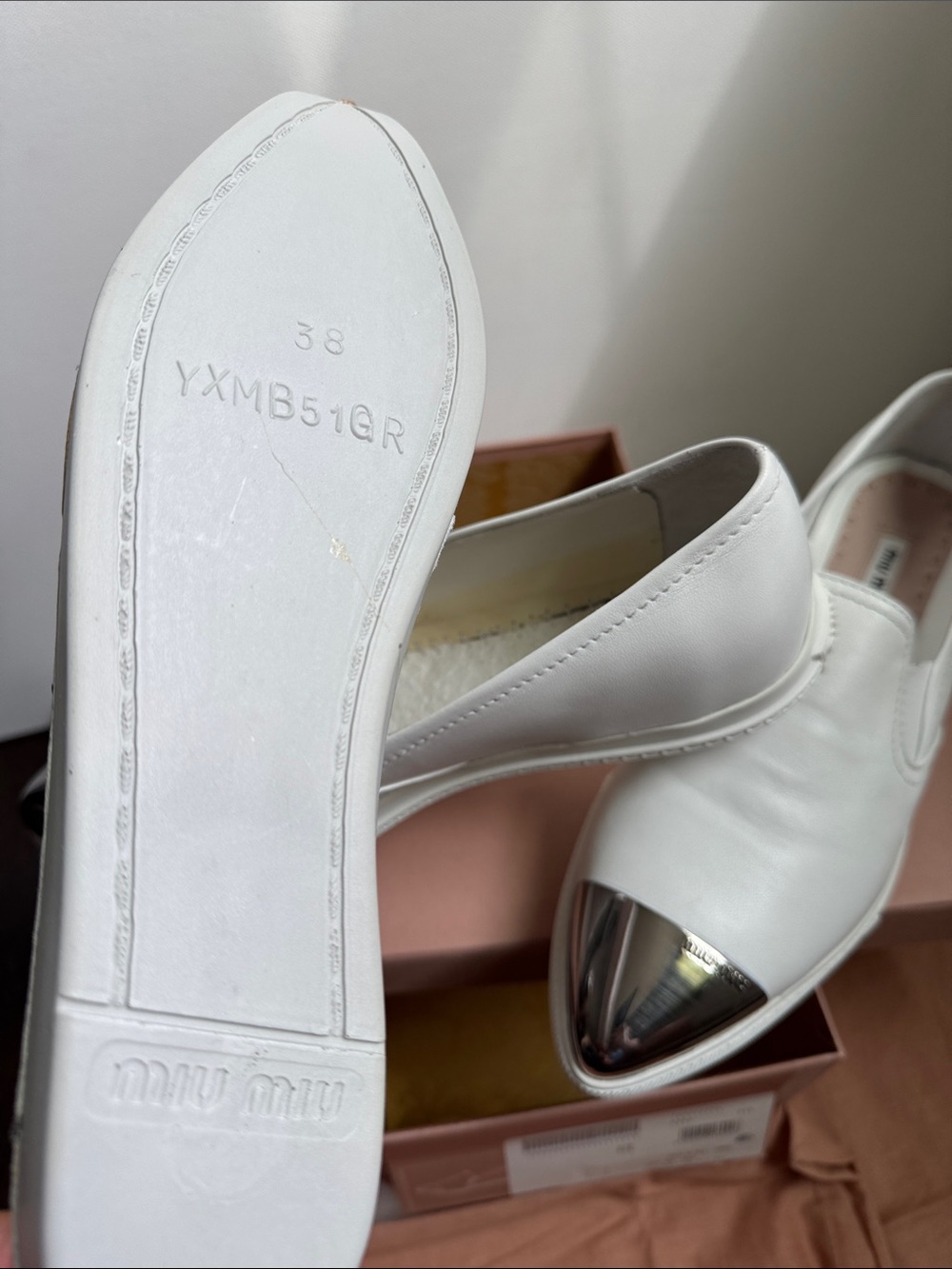 Miu Miu White Skate Sneaker Leather Slip-On Loafers with Silver Cap Toes | 38.5 - Picture 5 of 11